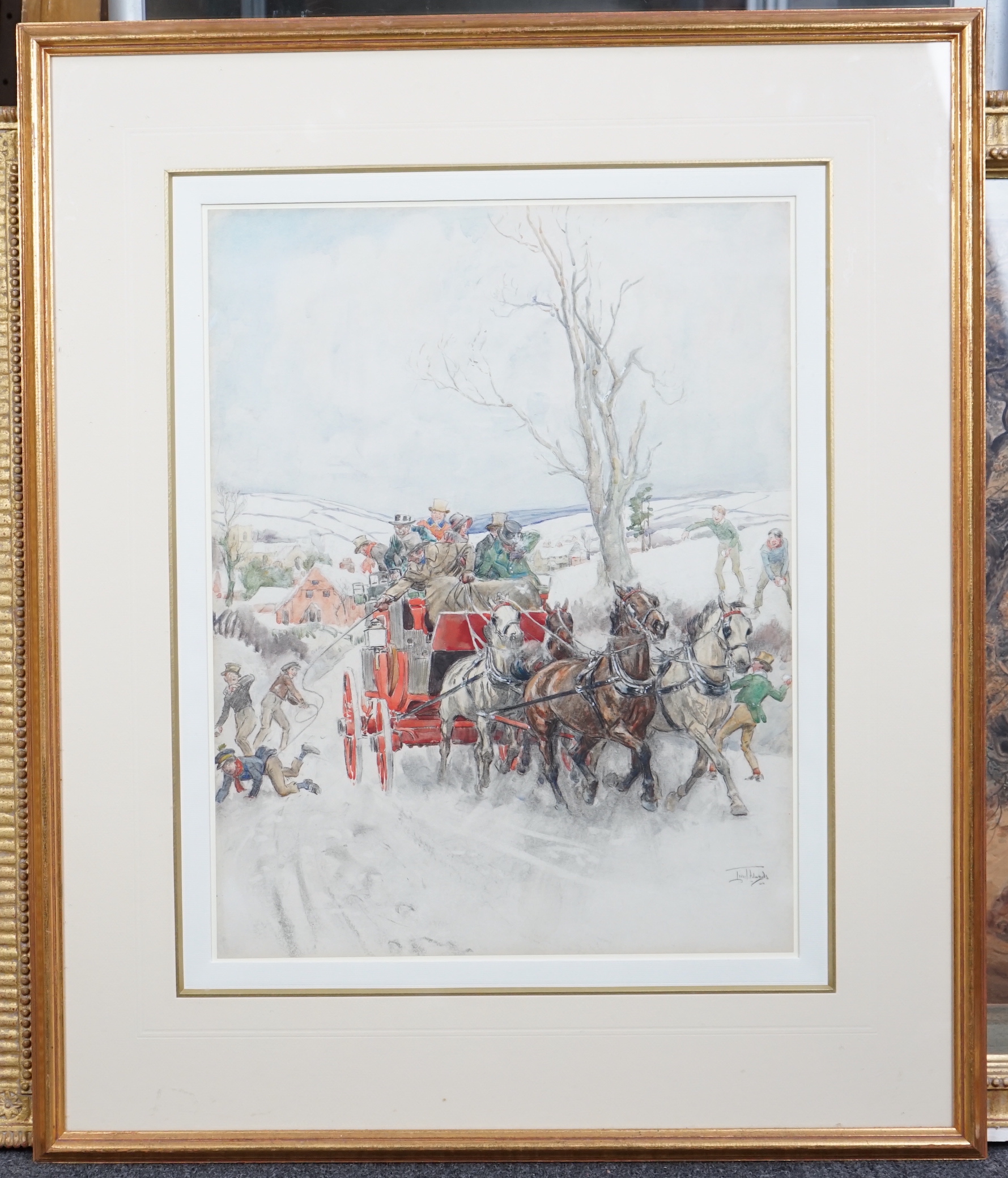 Lionel Edwards (English, 1878-1966), 'Snowballing the stagecoach', watercolour, 49 x 38cm